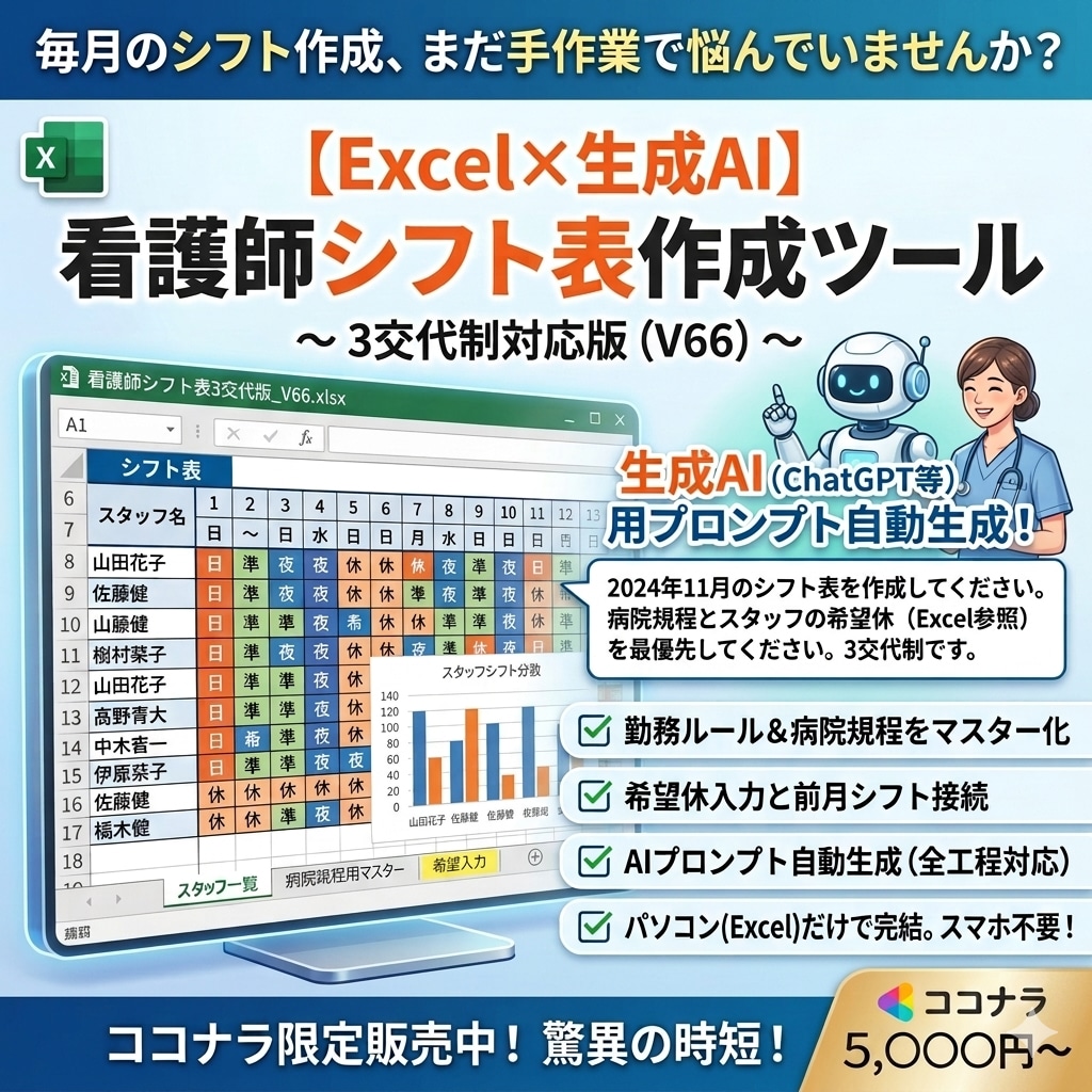 看護師シフト表をExcel×生成AIで作成します 生成AIとエクセルで師長の負担を劇的に減らすツール イメージ1