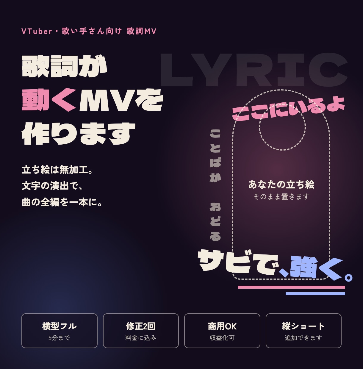 立ち絵はそのまま、歌詞が動くMVを作ります 立ち絵は無加工。文字の演出で、曲の全編を一本に イメージ1