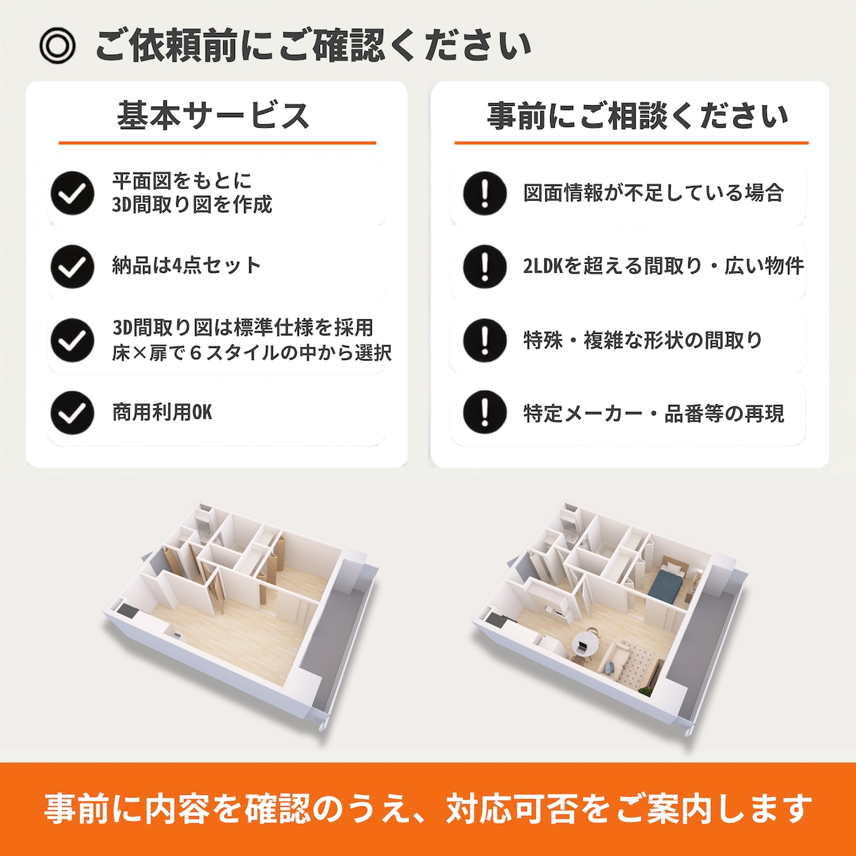 平面の間取り図を見やすい3Dにします 図面を送るだけ。家具あり・なし4点セットで納品！ イメージ4