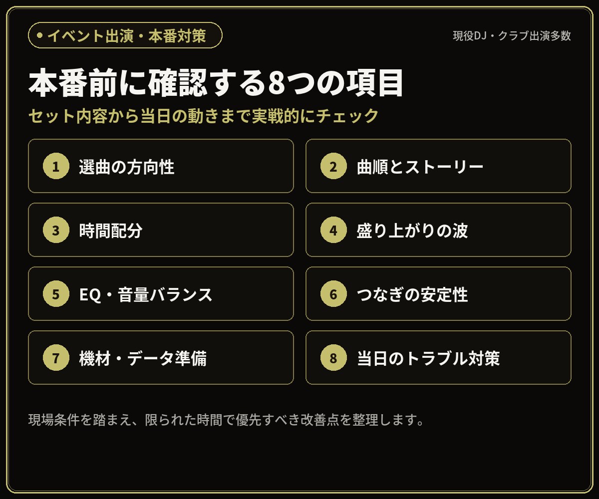 イベント出演前のDJセットをプロが最終調整します 選曲・構成・EQ・つなぎを分析し、本番の不安を減らす イメージ4