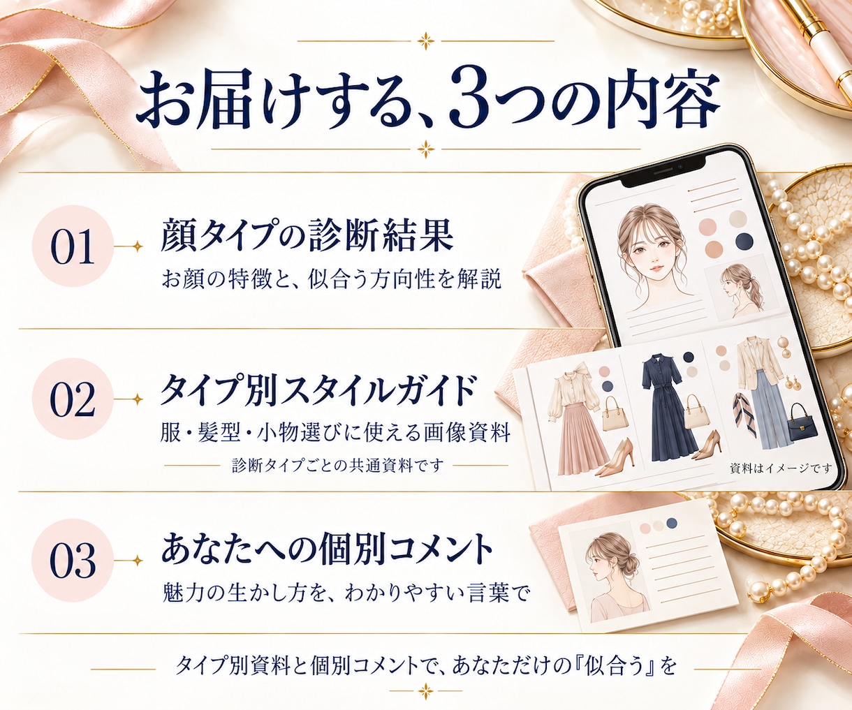 顔タイプ診断であなたに似合うものを提案します タイプ別資料と個別コメントで、あなただけの「似合う」をご提案 イメージ2