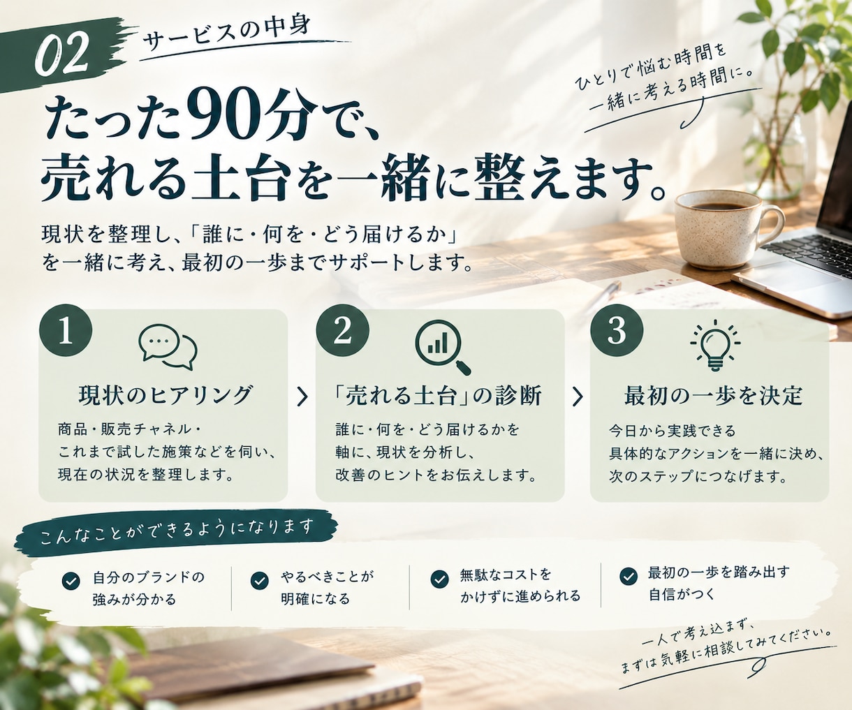 お試し診断｜副業ブランドの売れる土台を診断します その迷い、ひとりで抱えなくていい｜売れる土台を一緒に整えます イメージ3