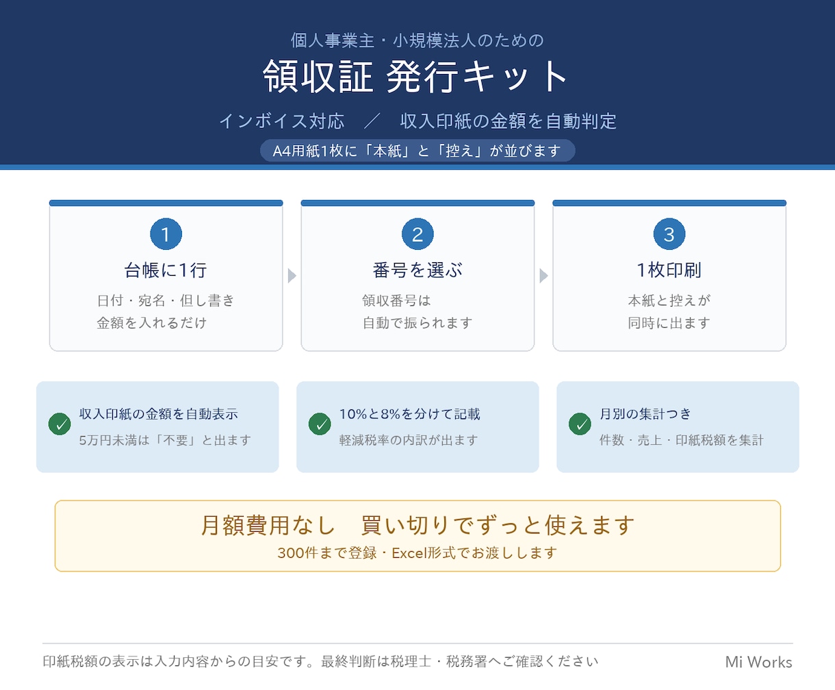 領収証Excel（インボイス対応）を販売します 収入印紙を自動判定｜本紙と控えがA4・1枚に並びます イメージ1