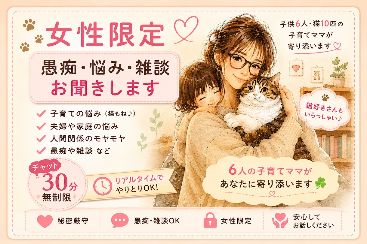 女性限定/なんでもOK愚痴・悩み・雑談お聞きします 猫好きの6人子育てママがあなたに寄り添います イメージ1