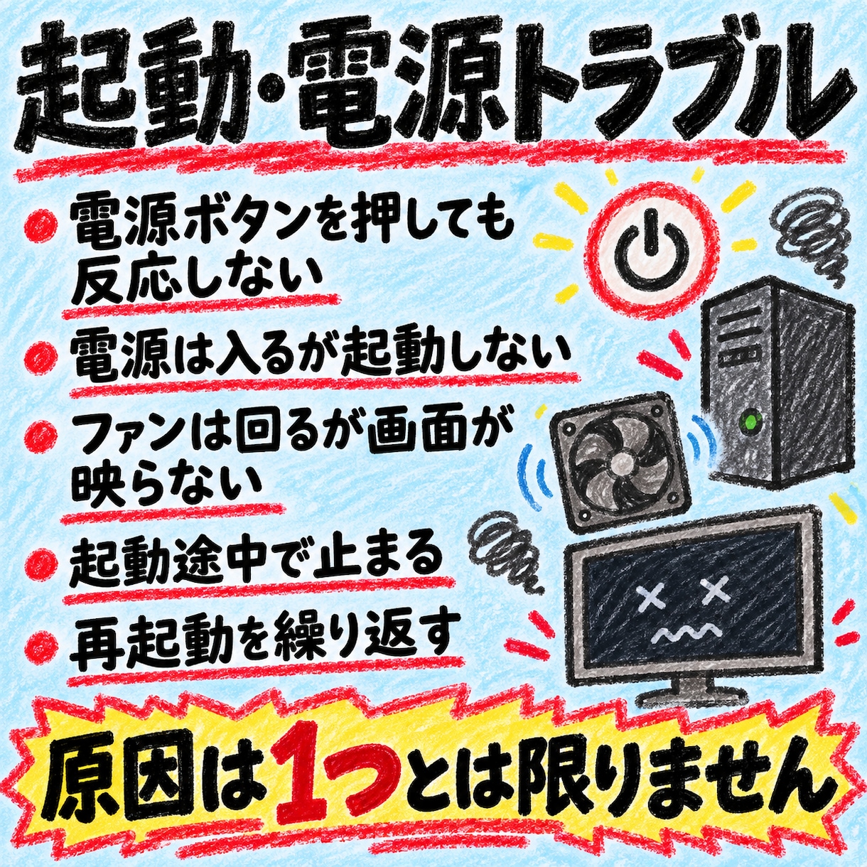 突然のPCトラブル、原因を一緒に切り分けます 電源が入らない・画面が映らない PCトラブルの原因を特定！ イメージ3