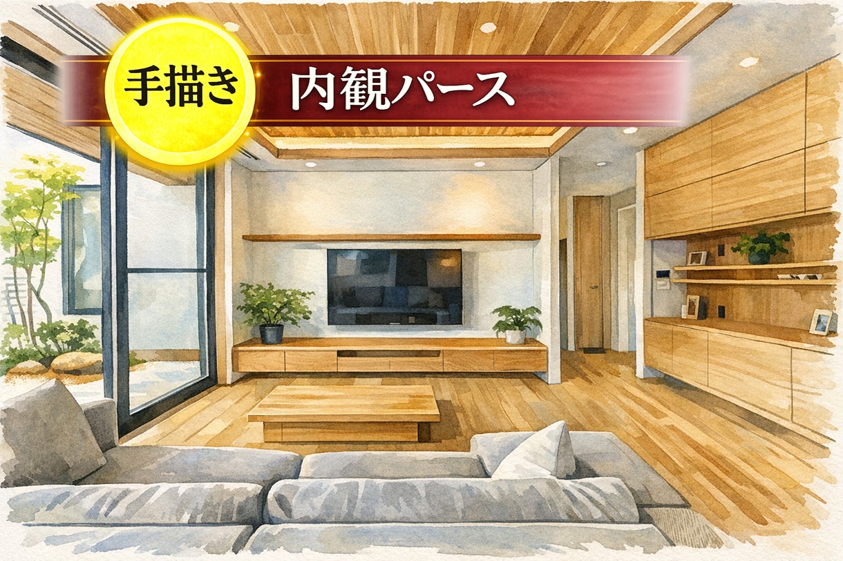 手描き建築内観パース（手書き）制作します 住宅・店舗のインテリアパースをあたたかく魅せる手描き表現 イメージ1