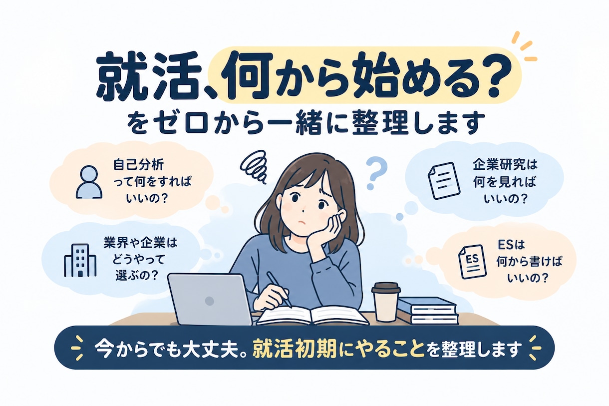 就活、何から始める？をゼロから整理します 出遅れていても大丈夫！就活初期にやることを一緒に整理します。 イメージ1