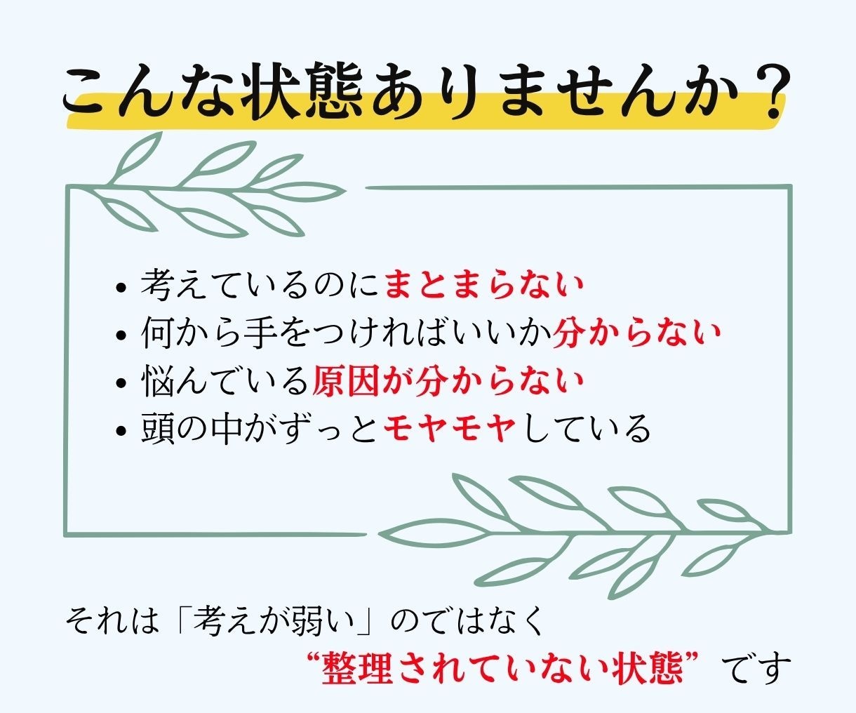 3つの質問で進めない悩みを整理します 迷いを整理して、“今日やる1つ”を見つけます。 イメージ2