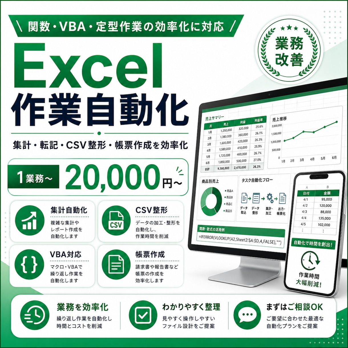 Excelの集計・定型作業を自動化します 関数・VBAで面倒な繰り返し作業を効率化 イメージ1