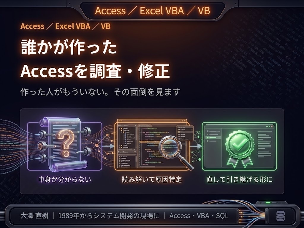 誰かが作ったAccessを調査・修正します 作った人がもういない。そんな業務システムの面倒を見ます イメージ1
