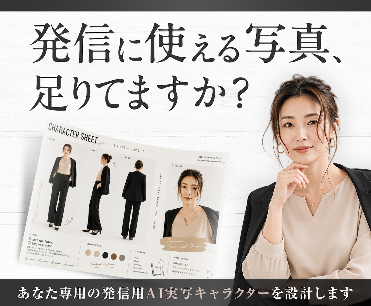 発信用の『あなた専用AI実写キャラ』を作ります 【起業家向け】写真と世界観からブレない発信用キャラを設計 イメージ1