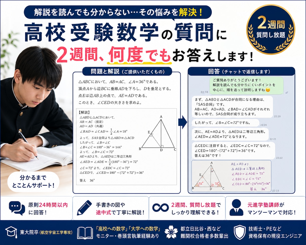 高校受験｜数学の質問に2週間何度でもお答えします 東大院卒・元塾講師が「分からない」を「分かった！」に変えます イメージ1