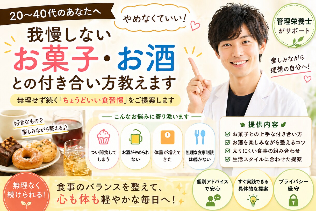 我慢しないお菓子・お酒との付き合い方教えます やめなくていい無理せず続くちょうどいい食習慣をご提案します イメージ1
