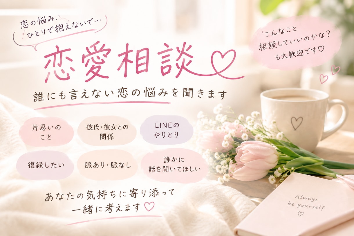 恋愛相談｜誰にも言えない恋の悩みを聞きます 「こんなこと相談していいのかな？」という相談でも大丈夫です！ イメージ1