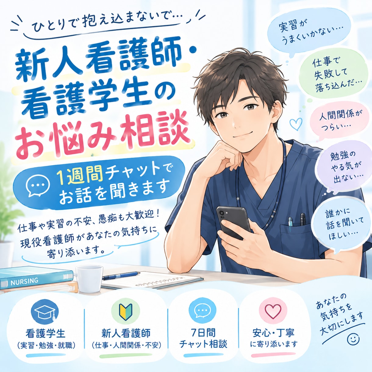 看護師・看護学生の悩みを1週間チャットで聞きます 仕事や実習の不安、愚痴など、男性看護師が気持ちに寄り添います イメージ1