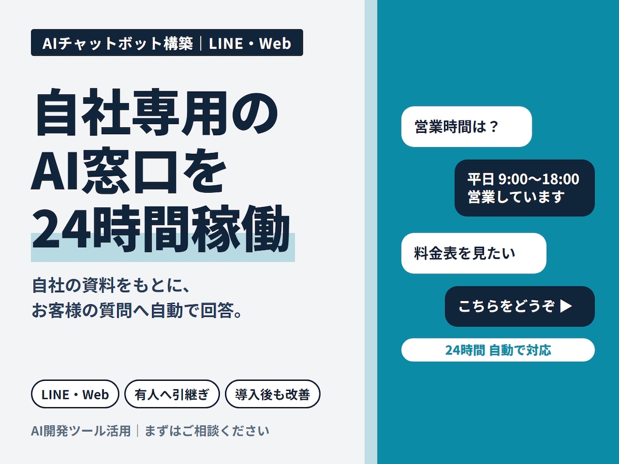 御社専用のAIチャットボットを構築します LINE・Web対応｜自社の資料で24時間自動回答 イメージ1