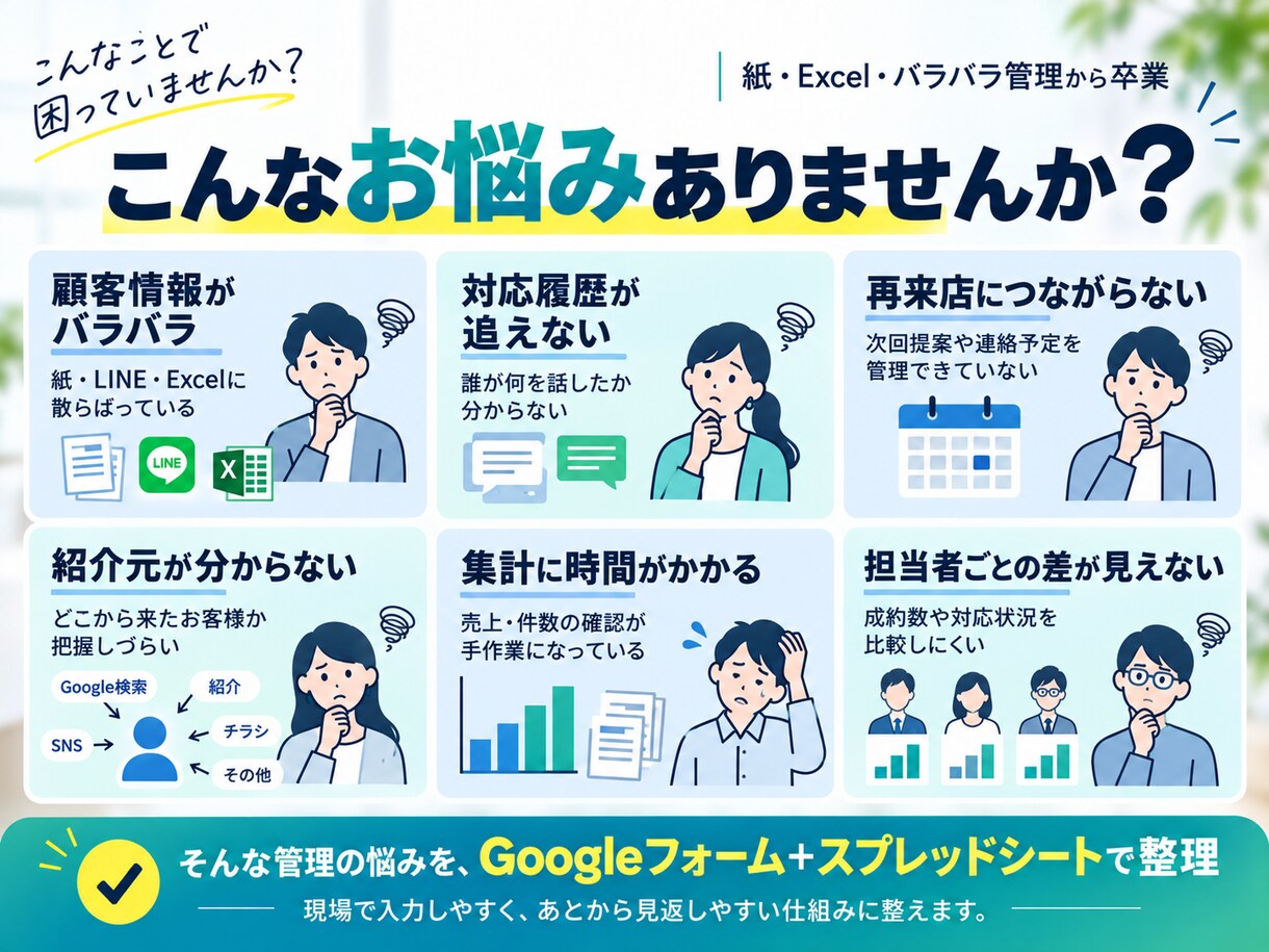 顧客・案件管理をGoogleで仕組み化しますます 来店・対応履歴・再来店・紹介・売上まで見える化します イメージ2