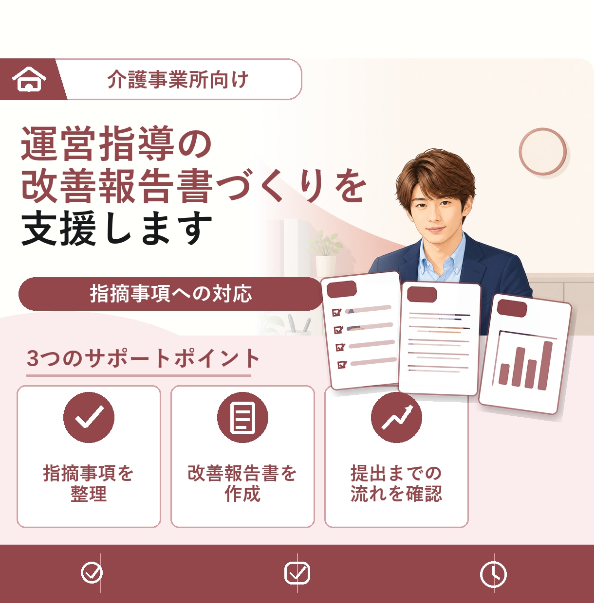 運営指導の改善報告書づくりを支援します 指摘事項ごとに、原因と再発防止策を文章化します イメージ1
