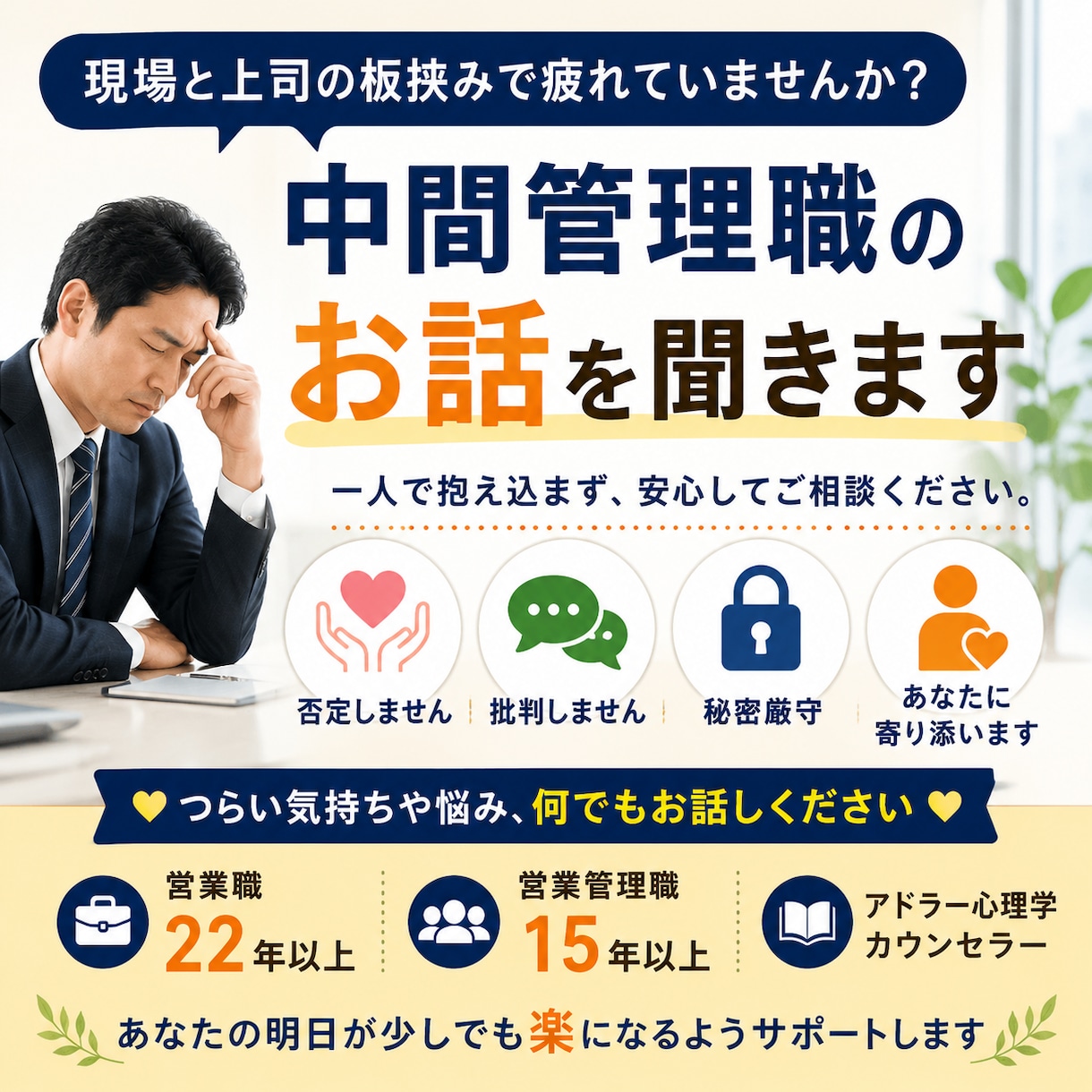 現場仕事+管理業務板挟みの中間管理職さん話聞きます 明日の希望の心が湧き上がる！そんな聞き役を努めています！ イメージ1