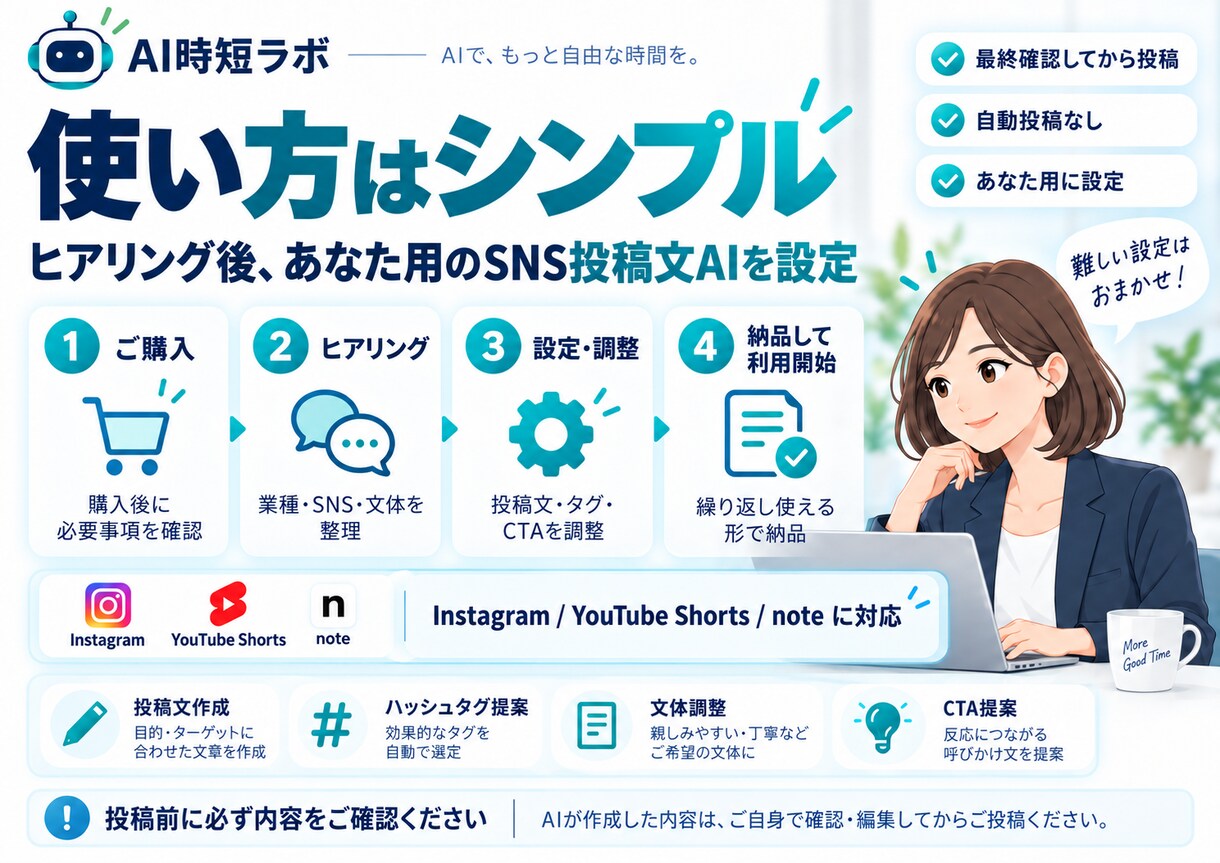 SNS投稿文AIをあなた用に設定しますます 投稿ネタから文章・ハッシュタグまでまとめて作れます イメージ2