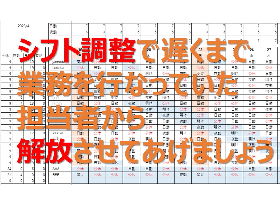 毎月のシフト作成を９６％お助け致します マクロもVBAも不使用で簡単操作のシフト作成ツールです。 イメージ6