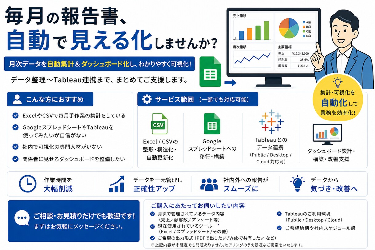 業務の自動化・仕組化をTableauで実現します Excel-スプレッドシート-Tableau連携＆納品 イメージ1