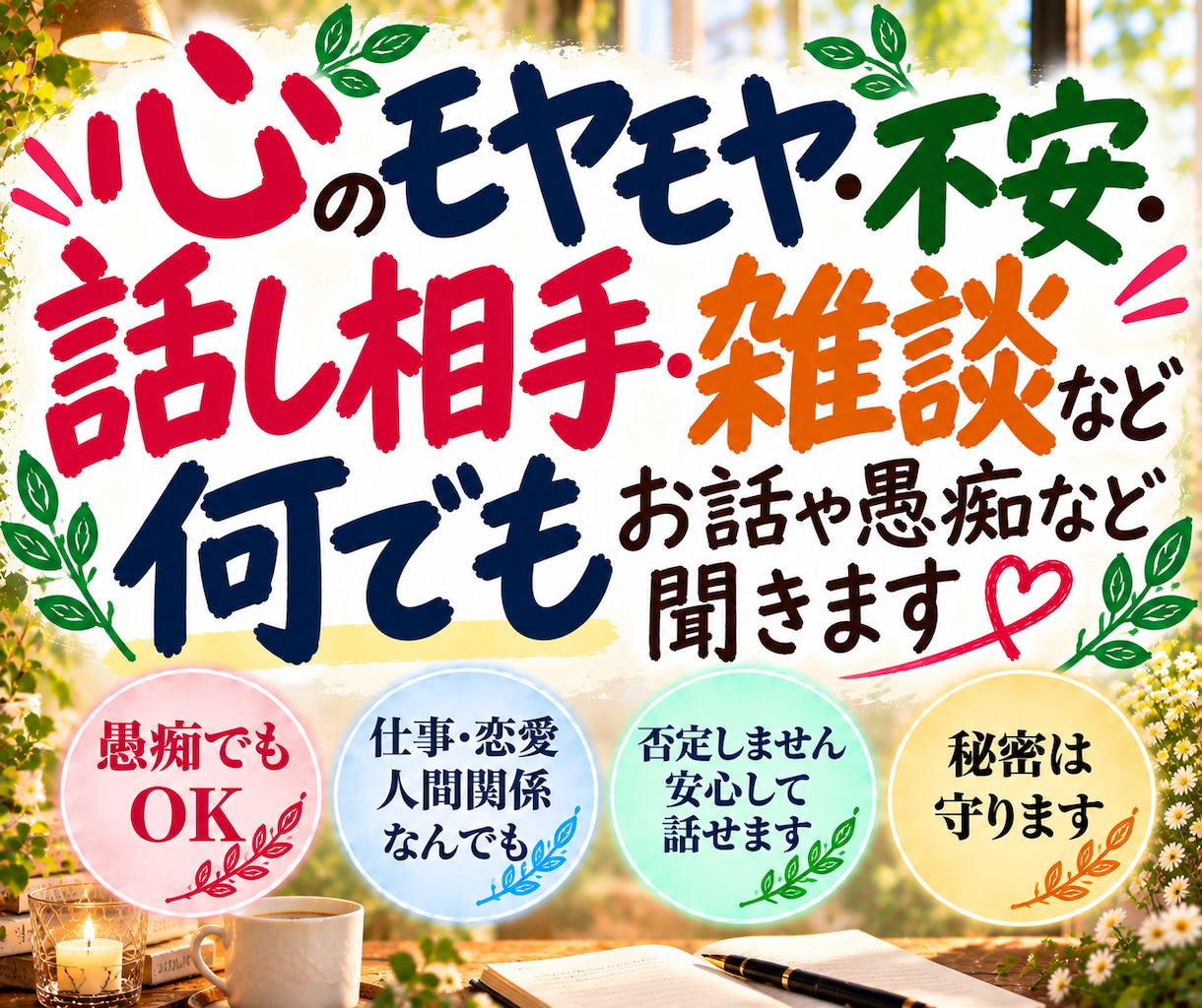 心のモヤモヤなど何でもお話や愚痴など聞きます とりあえず聞いて欲しい、わかって欲しいなど全て受け止めます。 イメージ1