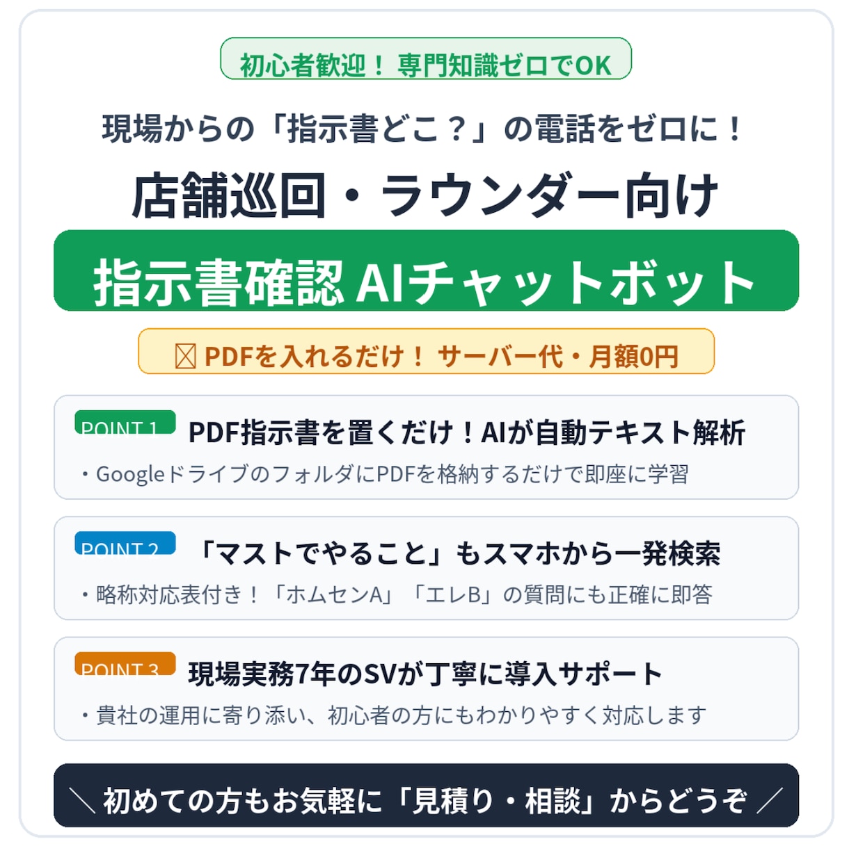 ラウンダー向け指示書検索・AIボットを構築します 指示書をに沿ってAIが即答！現場の確認工数を劇的に削減 イメージ1