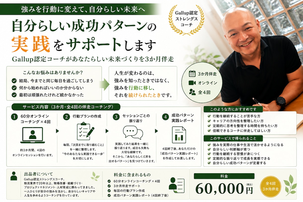 自分らしい成功パターンの実践をサポートします Gallup認定コーチがあなたらしい未来づくりを3か月伴走 イメージ1