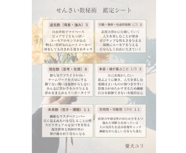 あなたの強みや能力を数秘術鑑定シートでお伝えします 繊細なあなたの内側の秘めた魅力や個性をひきだし開花しませんか イメージ5