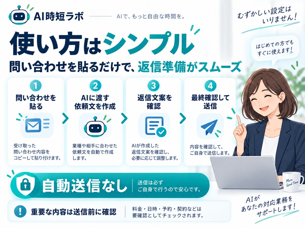 問い合わせ返信AIをあなた用に設定しますます 問い合わせを貼るだけで返信案をすぐ作れます イメージ2