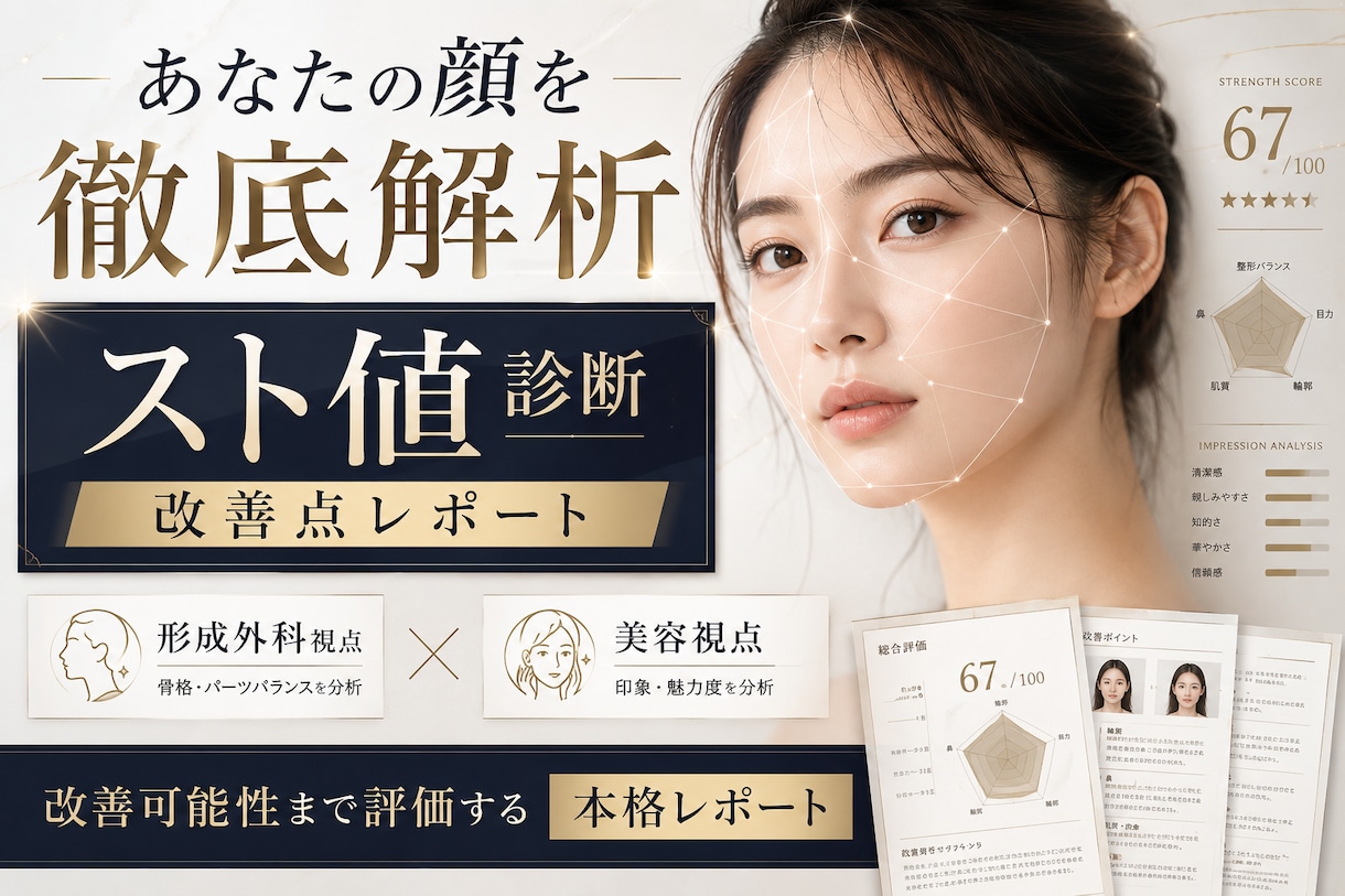 顔写真１枚AI顔面偏差値・スト値・改善点診断します 自分では気づけない第一印象を、見える化。 イメージ1