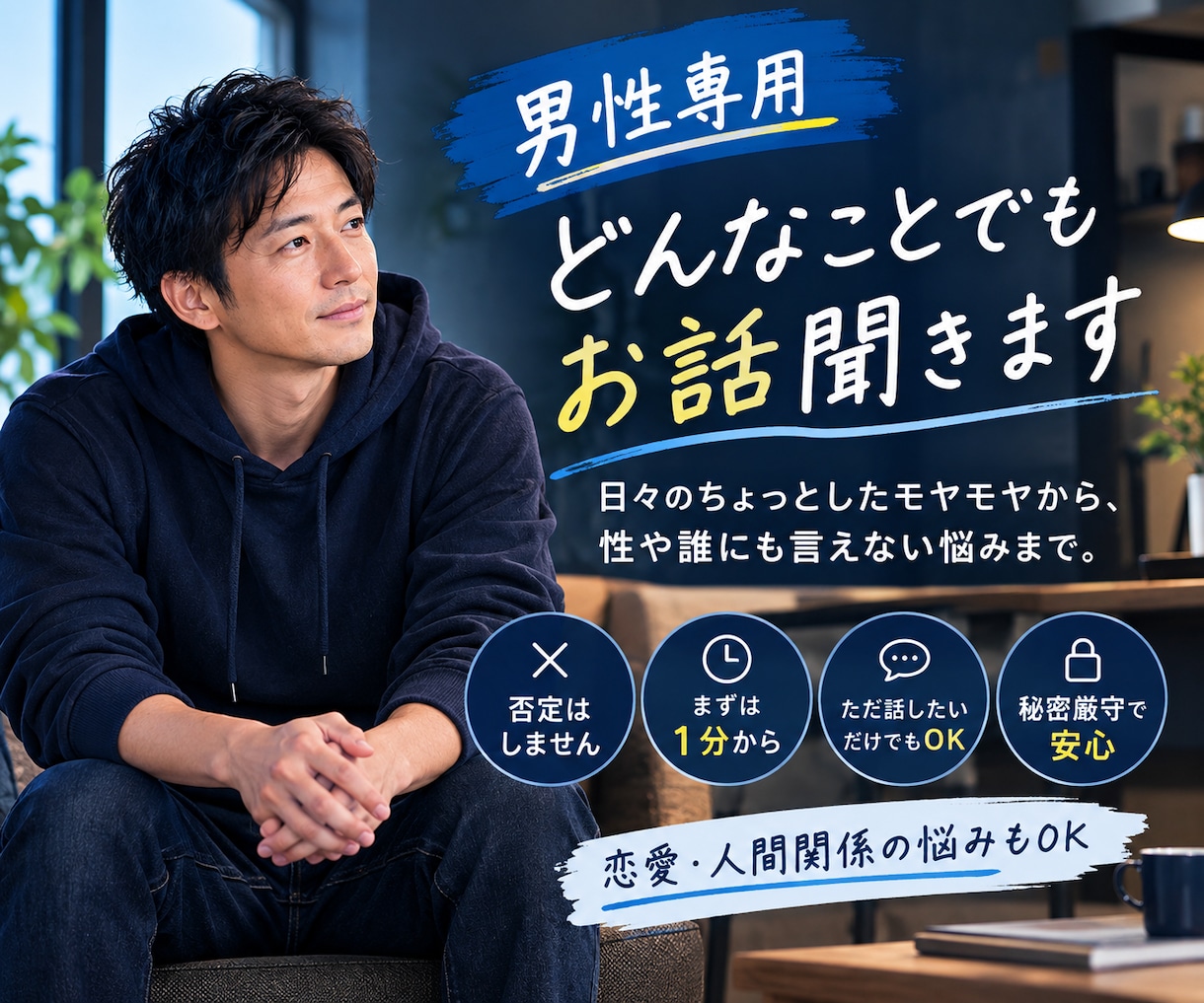 男性専用★どんなことでもお話聞きます 励まします。癒します。同姓だから話せること。 イメージ1