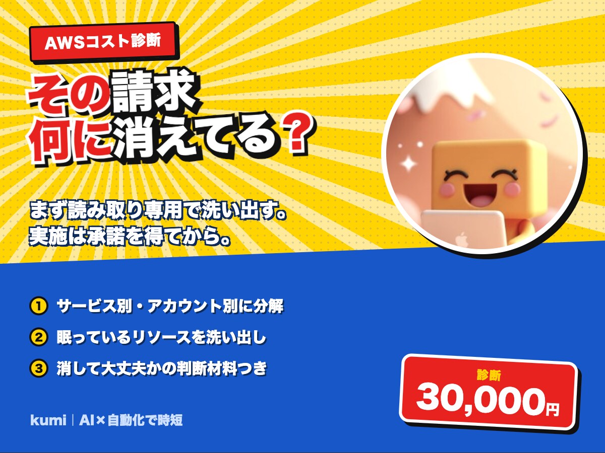 AWSの請求を分解して削減候補を洗い出します まず読み取り専用で全部洗い出します。実施はご希望に応じて イメージ1