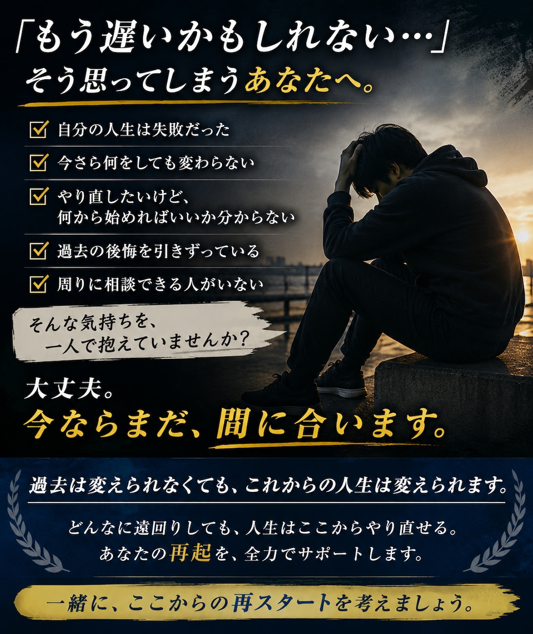今ならまだ間に合う。ここからの再起を一緒に考えます どんなに遠回りしても、人生はここからやり直せる。 イメージ2