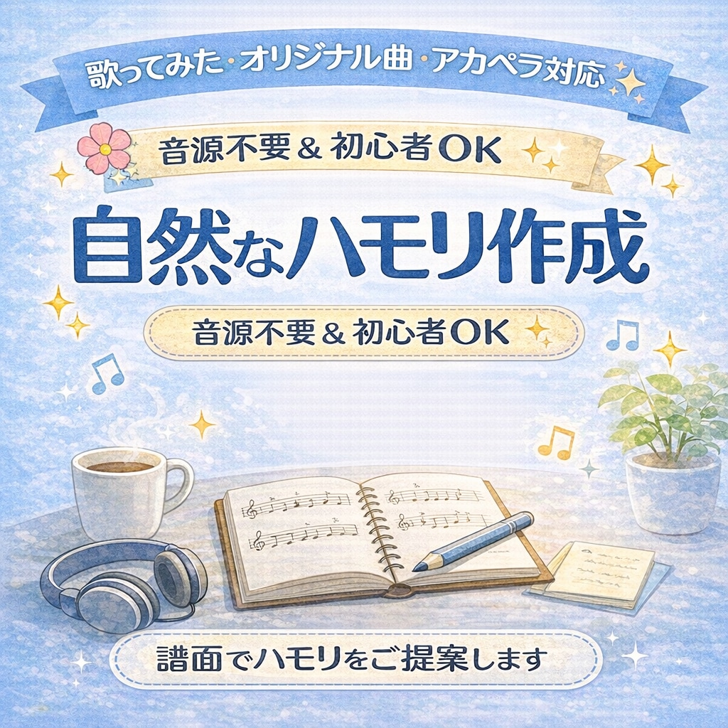 音源なし、自然なハモリを譜面と音名でご提案します 歌ってみた・オリジナル・アカペラ対応歌に合うハモリを作ります イメージ1