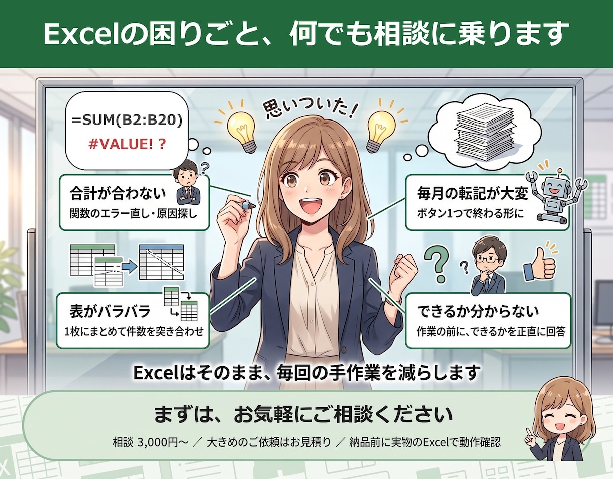 Excelの関数エラーや計算ずれを直します 直すだけじゃない。全体点検・予防・7日間質問つき イメージ1