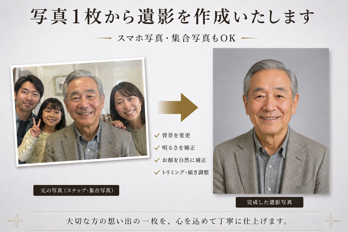写真1枚から自然でその方らしい遺影写真を作成します 遺影制作3万点以上｜20年以上の経験で丁寧に仕上げます イメージ2