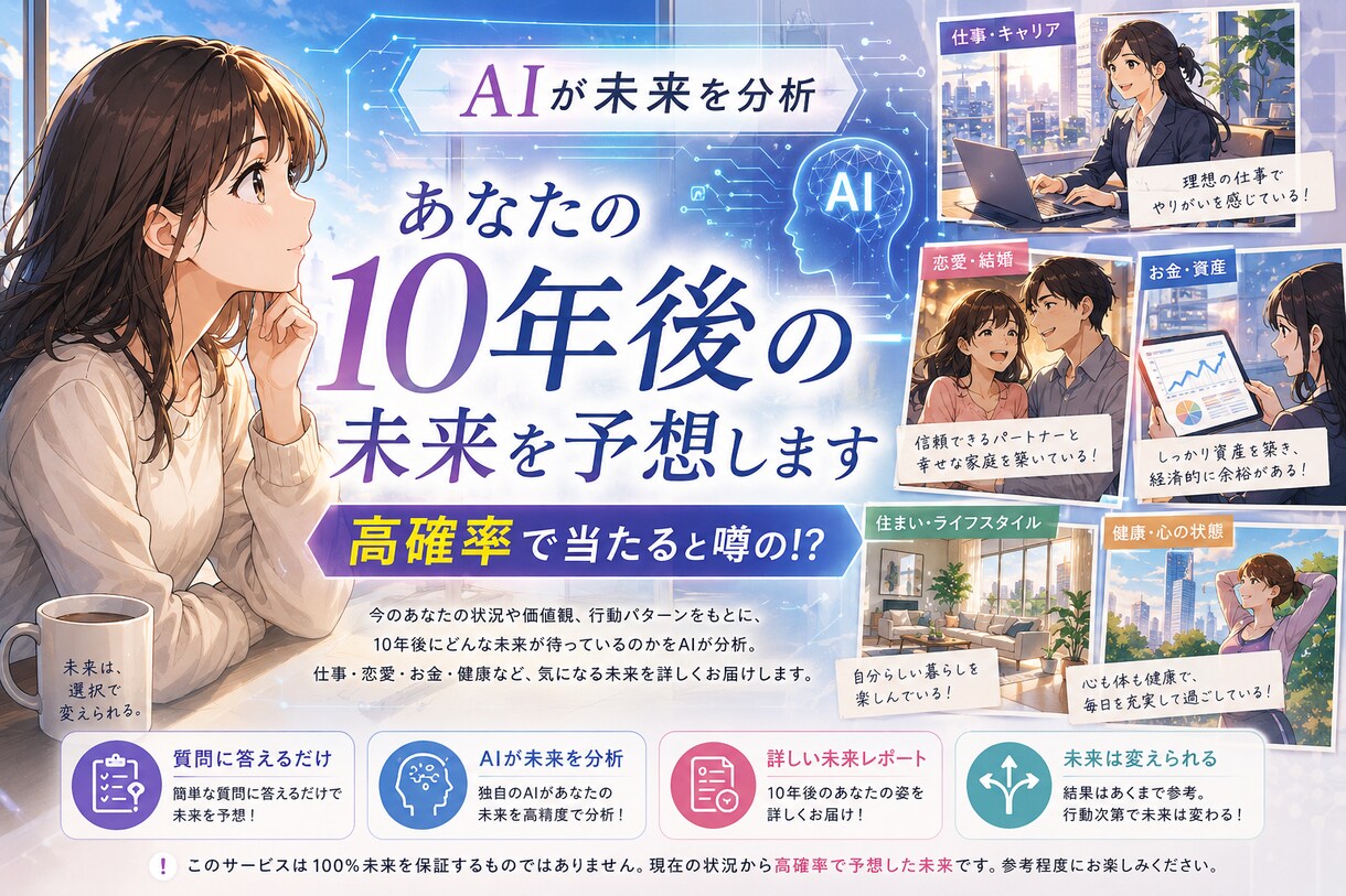 あなたの10年後の予想をします あなたの10年後を、高確率で未来予想。 イメージ1