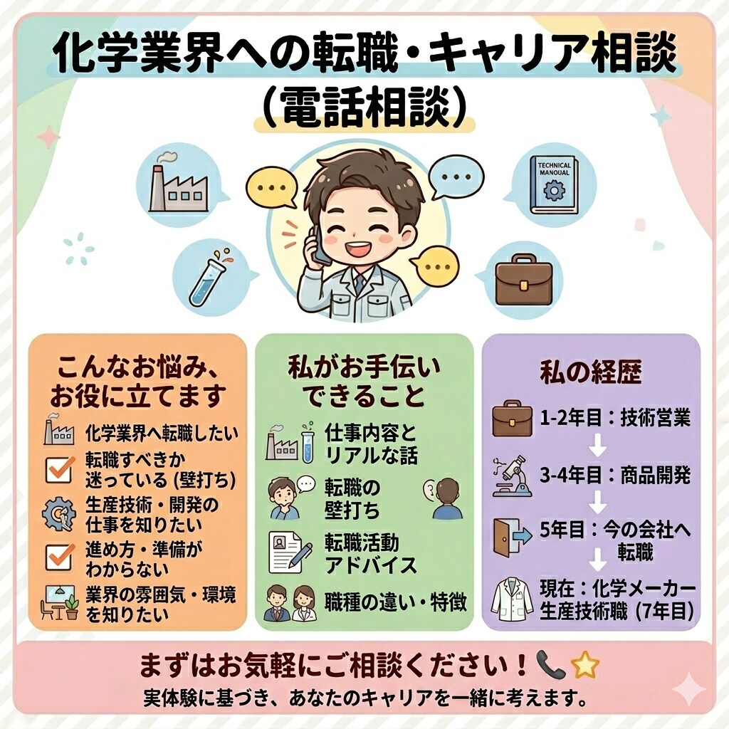 化学業界への転職・キャリア相談に乗ります 転職経験者が化学業界のリアルをお話しします イメージ1
