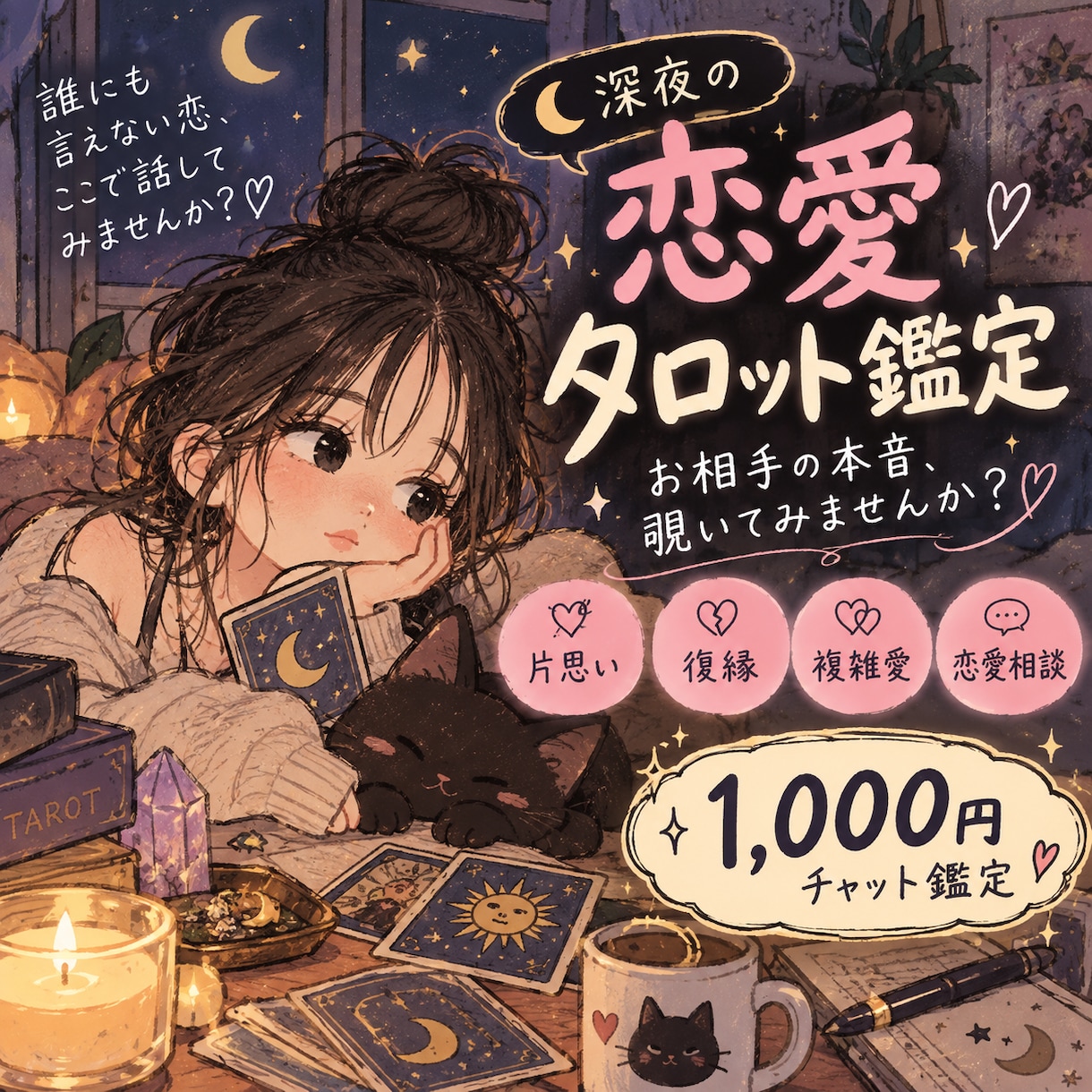 深夜の占い　気になるあの人の本音を読み解きます 誰にも言えない恋のお悩みに、タロットでそっと寄り添います。 イメージ1