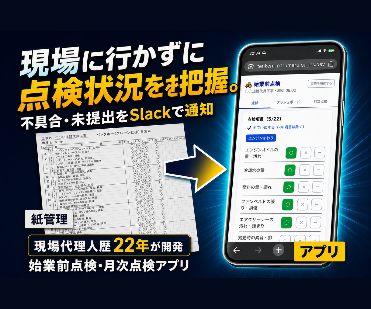 建設現場の始業前点検・月次点検をアプリ化します 紙の点検と転記をアプリで効率化 イメージ1