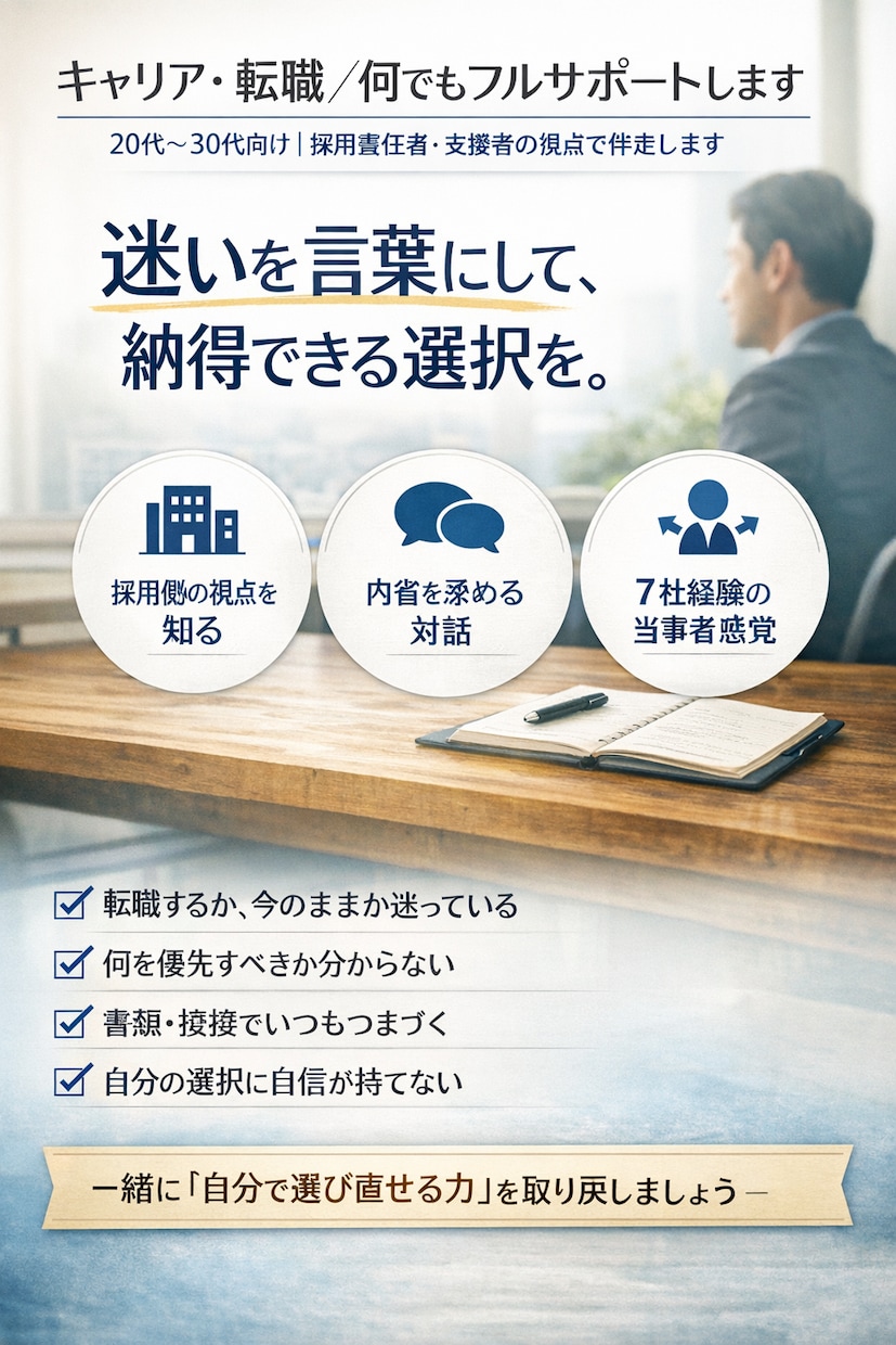 キャリア・転職/何でもフルサポートします 20代～30代向け。採用の裏側を知る立場から現実的に伴走！ イメージ1