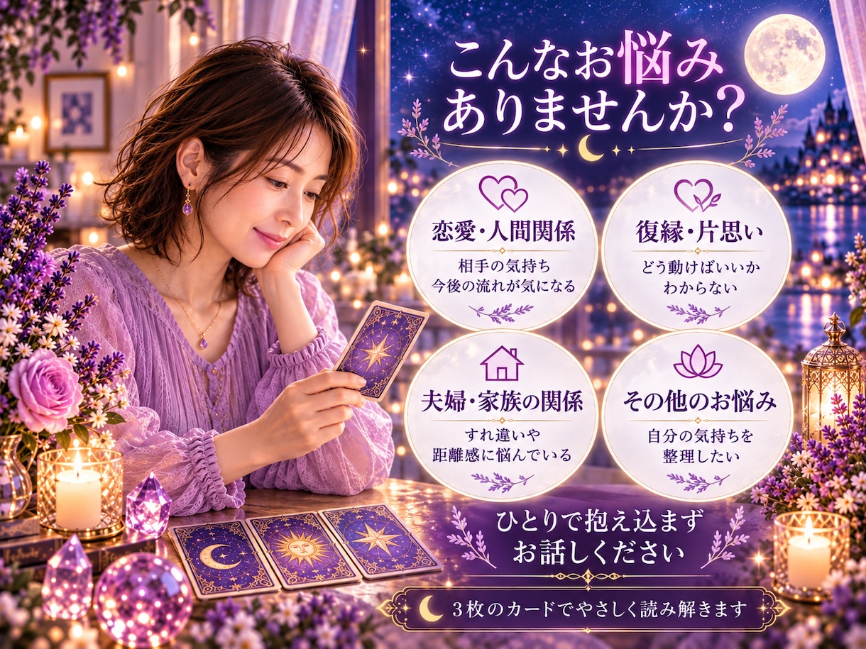 ひとつのお悩みをタロット3枚で丁寧に読み解きます 今の状況・相手の気持ち・これからの流れをやさしく整理します イメージ2