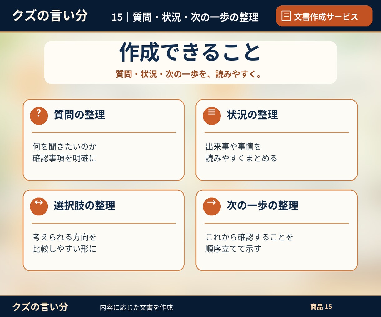 まとまらない悩みや質問を文書に整理します 仕事・家族・生活の内容整理。公的機関の手続き準備をお手伝い。 イメージ5
