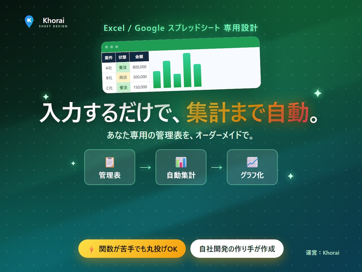 Excel/スプレッドシートの管理表を作成します 入力するだけで集計・グラフまで自動。専用の管理表を作成 イメージ1