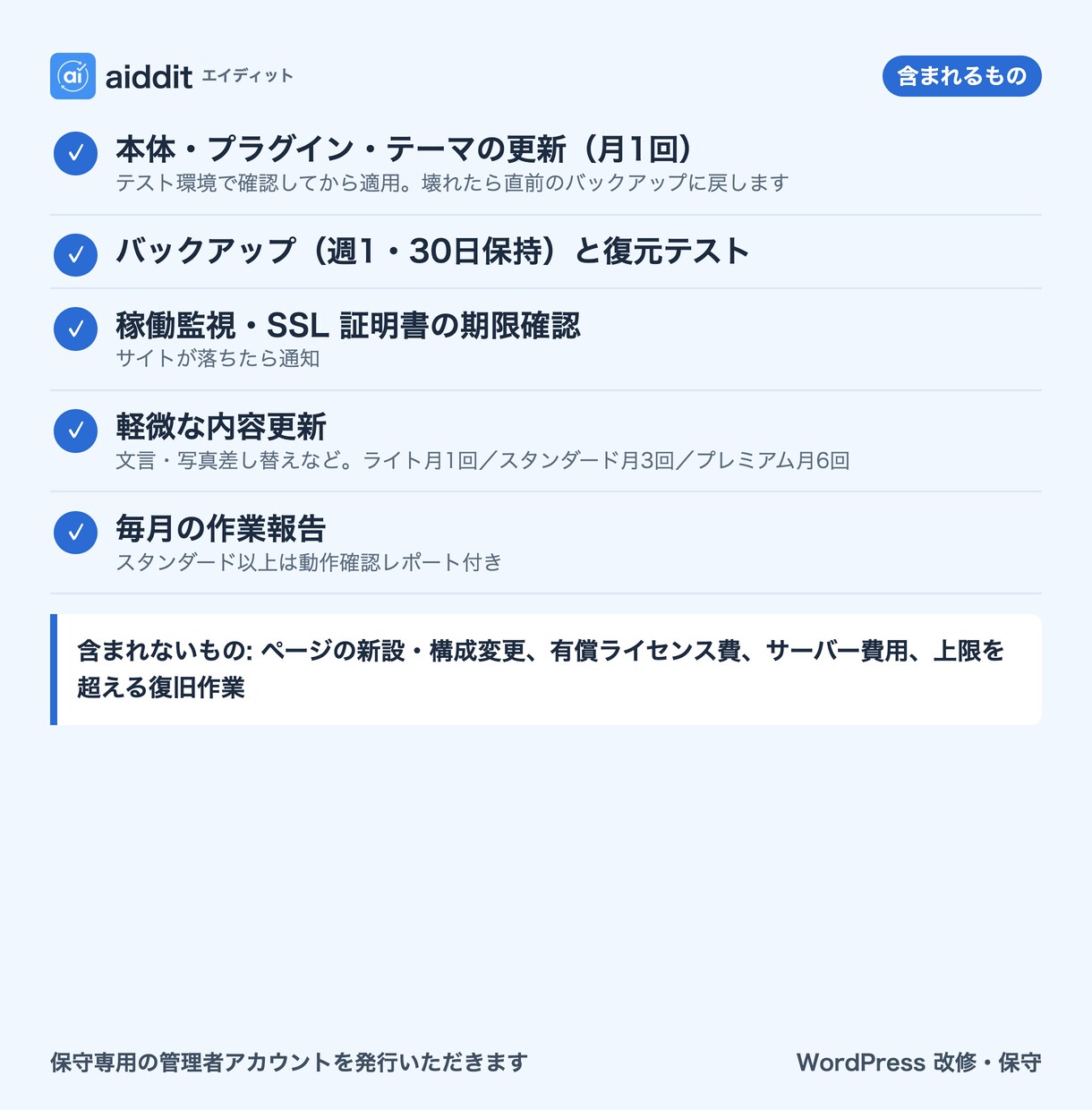 WordPressの更新と保守を毎月代行します テスト後に更新・週1バックアップ・落ちたら通知 イメージ2