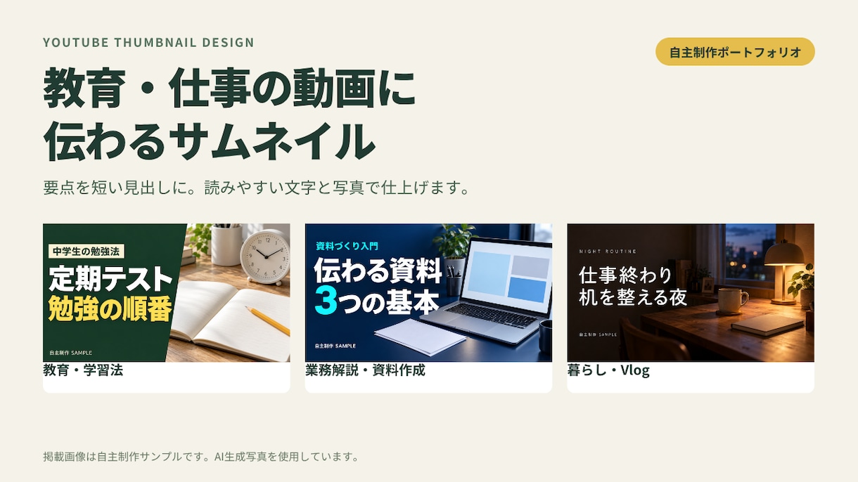統一感のある動画サムネイルを4枚制作します 同一チャンネル向け。週1枚の制作をまとめて相談 イメージ1