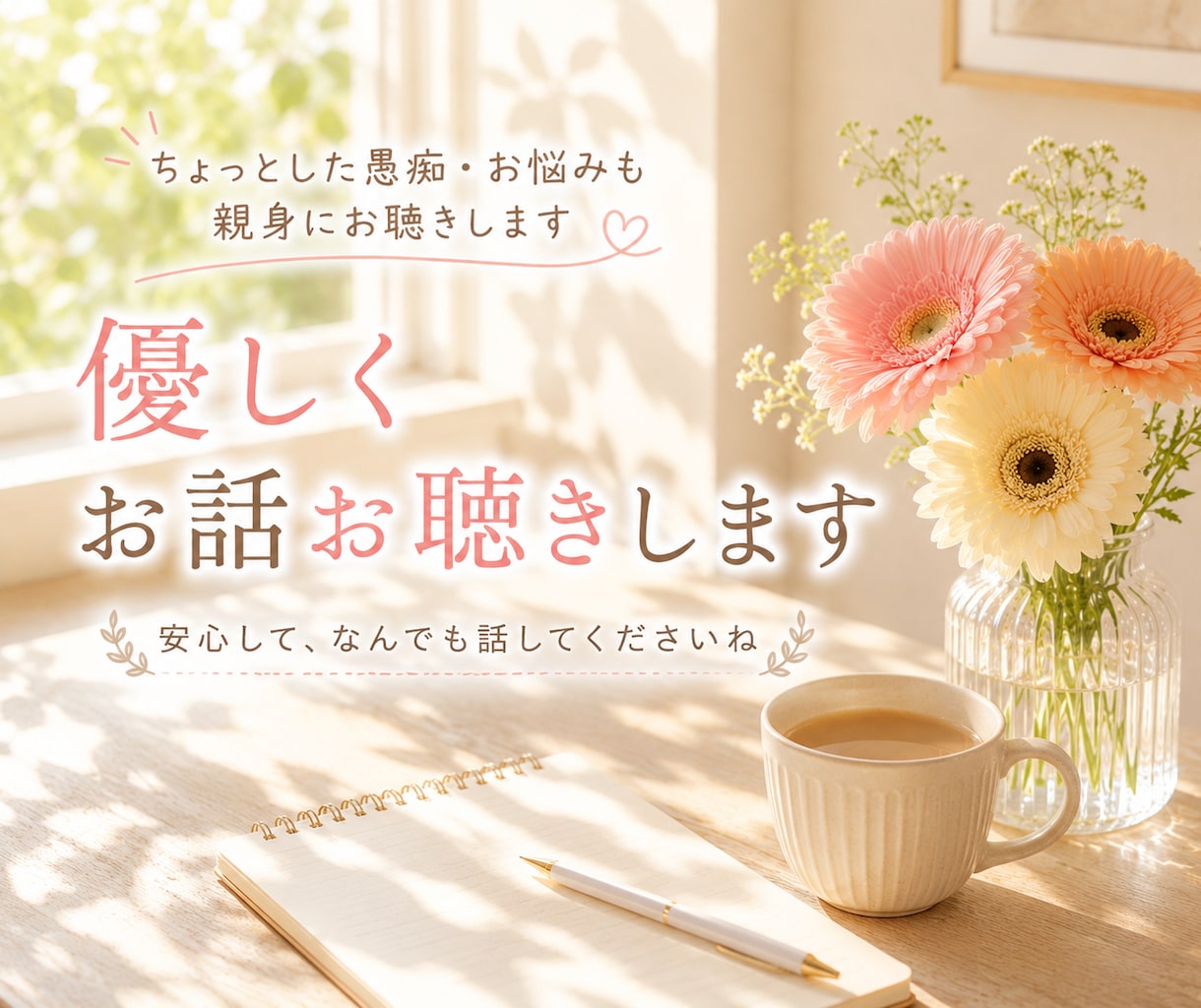 少し疲れた心に。優しくお話しお聴きします 話すだけでも大丈夫です。安心して吐き出してくださいね。 イメージ1