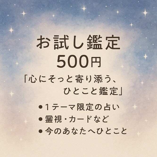 お試し鑑定 ：ご希望の１テーマ占います １テーマに絞って、お悩みに寄り添います！ イメージ1